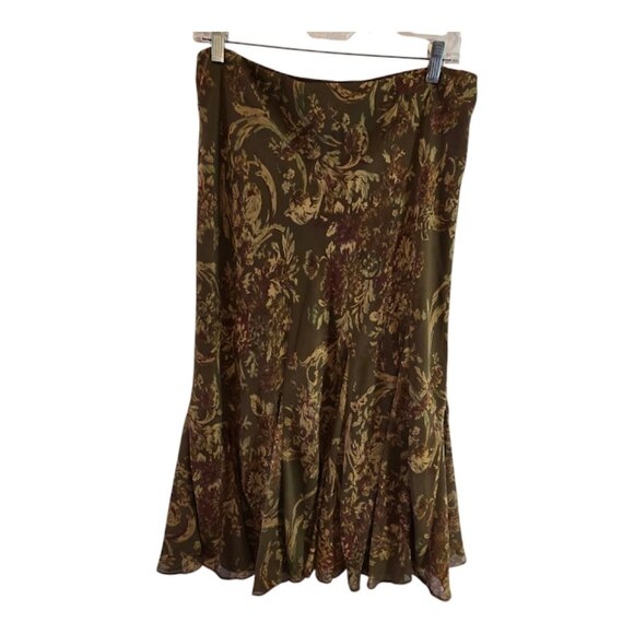LAUREN RALPH LAUREN FLORAL CHIFFON SKIRT TRUMPET STYLE SIZE MEDIUM OLIVE - Picture 1 of 8
